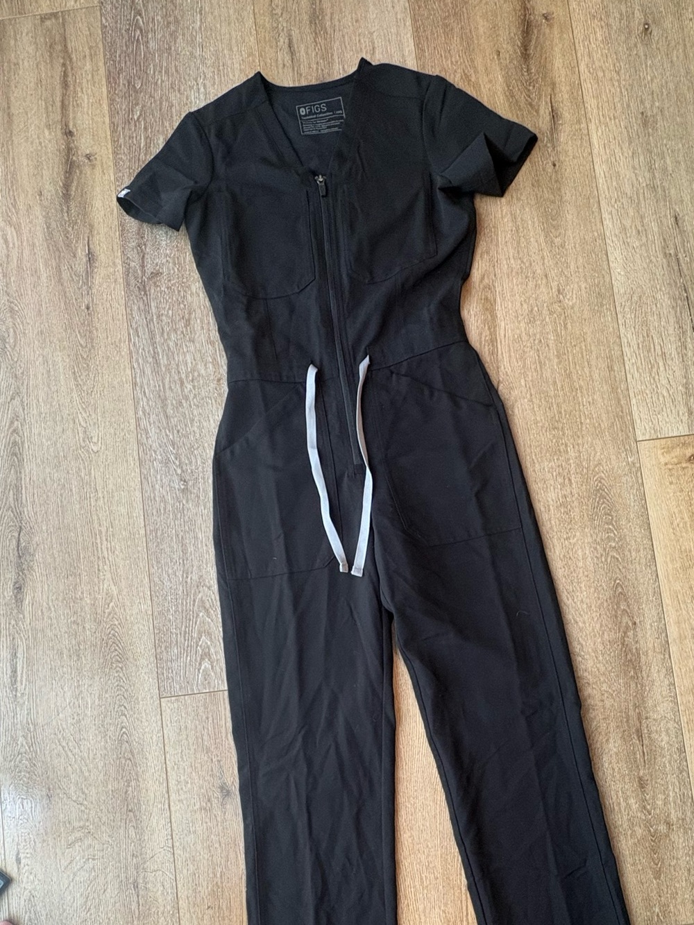 Figs Black Zip-Front Technical Jumpsuit with White Drawstring - Picture 3 of 11